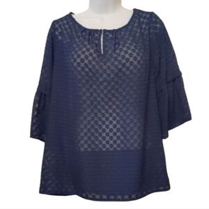 GNU Oversized Navy Blue Women's Top NWT Textured Dots Sheer Gather Accent Sz M